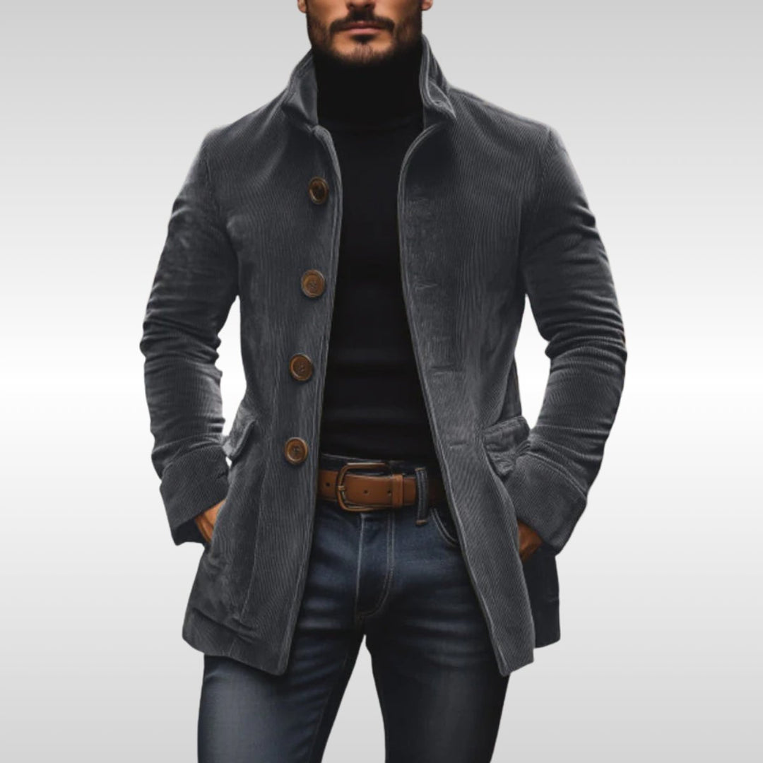 Mens Wool Coat Slim Fit Corduroy Standing Collar Button Jacket - Grey