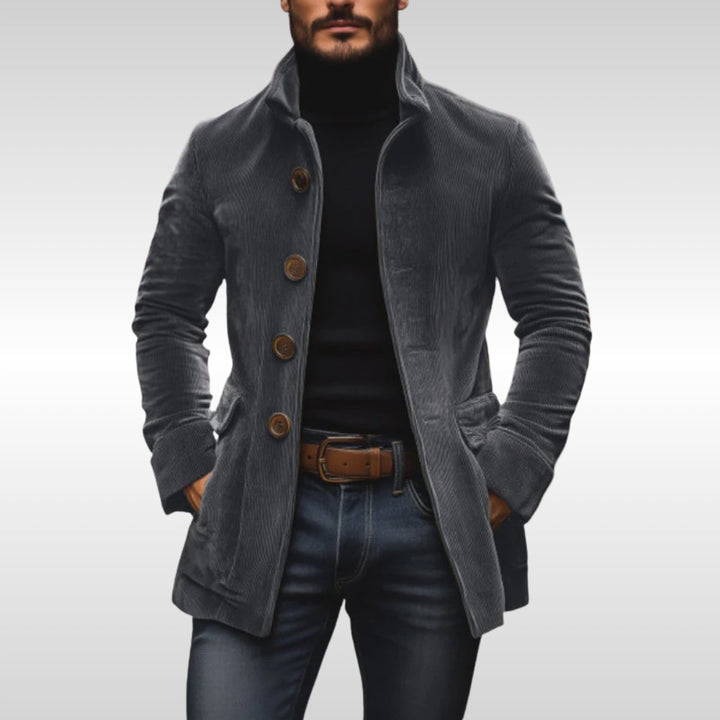 Mens Wool Coat Slim Fit Corduroy Standing Collar Button Jacket - Grey