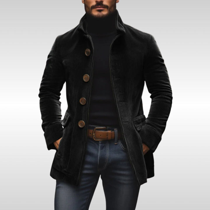 Mens Wool Coat Slim Fit Corduroy Standing Collar Button Jacket - Black