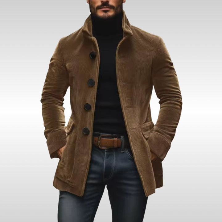 Mens Wool Coat Slim Fit Corduroy Standing Collar Button Jacket - Light Brown