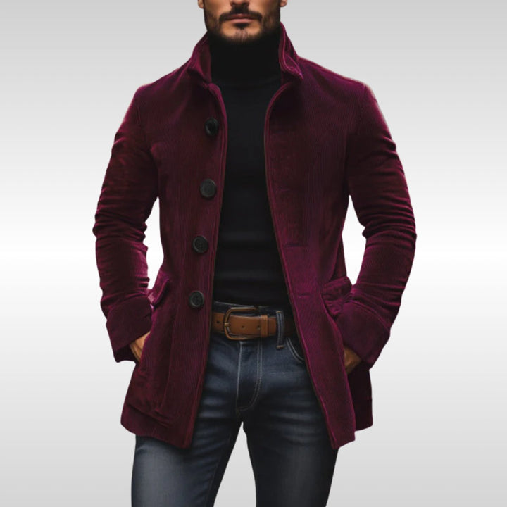 Mens Wool Coat Slim Fit Corduroy Standing Collar Button Jacket - Wine Red