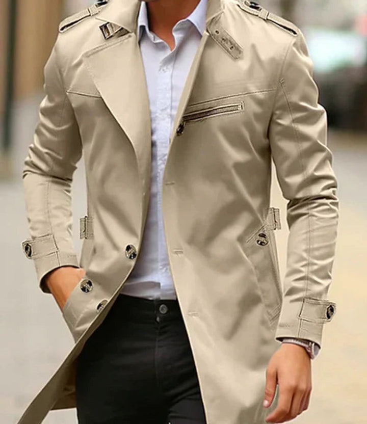 Mens Wool Coat Slim-Fit Double-Breasted Trench Overcoat - Light Beige