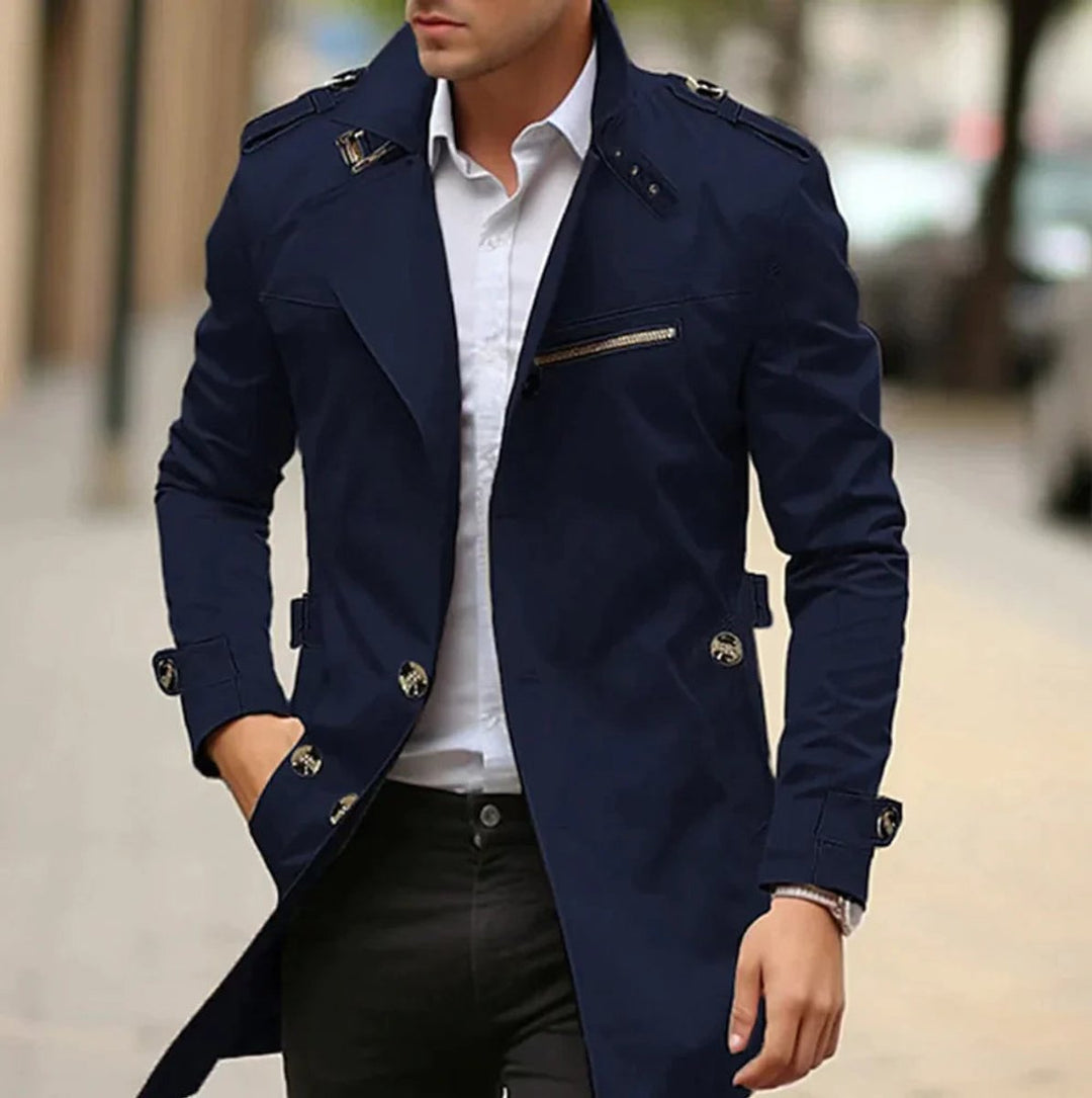 Mens Wool Coat Slim-Fit Double-Breasted Trench Overcoat - Dark Navy