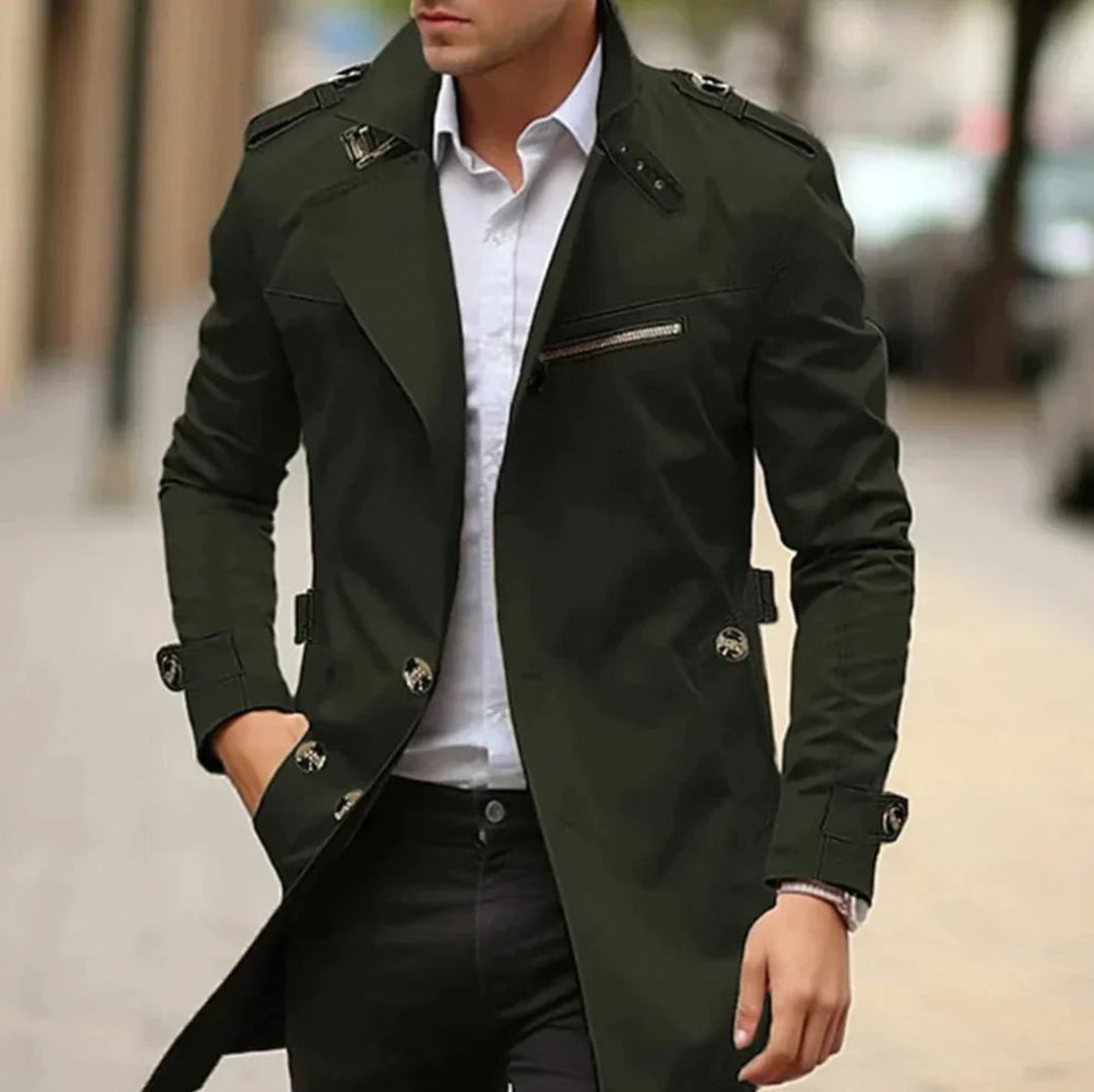 Mens Wool Coat Slim-Fit Double-Breasted Trench Overcoat - Green