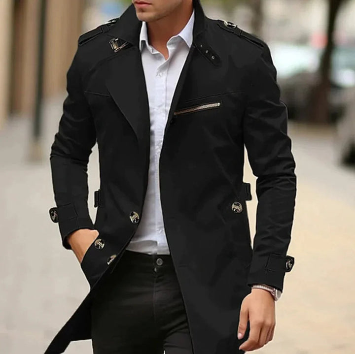 Mens Wool Coat Slim-Fit Double-Breasted Trench Overcoat - Black