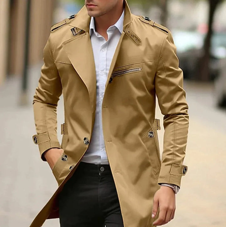 Mens Wool Coat Slim-Fit Double-Breasted Trench Overcoat - Dark Beige