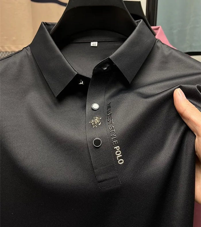Men's Wrinkle-Free Polo Shirt Cotton Elastane Blend Short Sleeve - Black