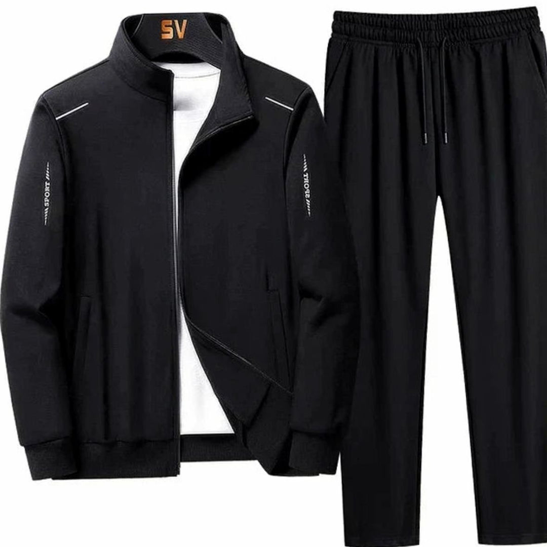 Men's Zip-Up Casual Tracksuit Two-Piece Jogger Set - Black