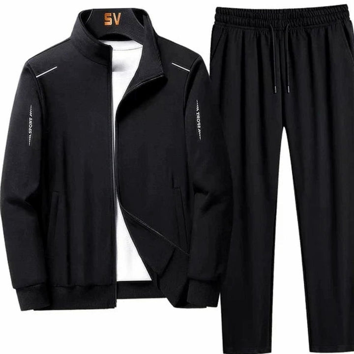 Men's Zip-Up Casual Tracksuit Two-Piece Jogger Set - Black