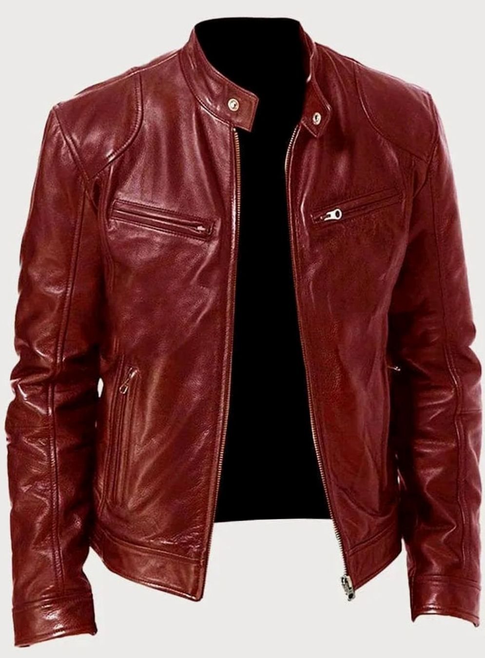 Men's Zip-Up Faux Leather Biker Casual Jacket - Red