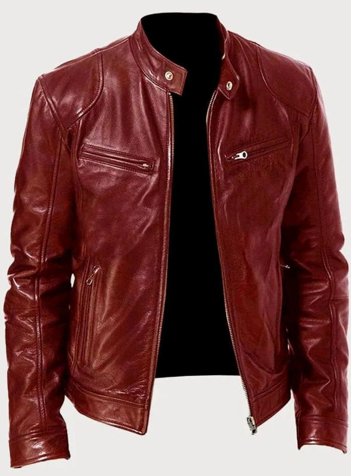 Men's Zip-Up Faux Leather Biker Casual Jacket - Red