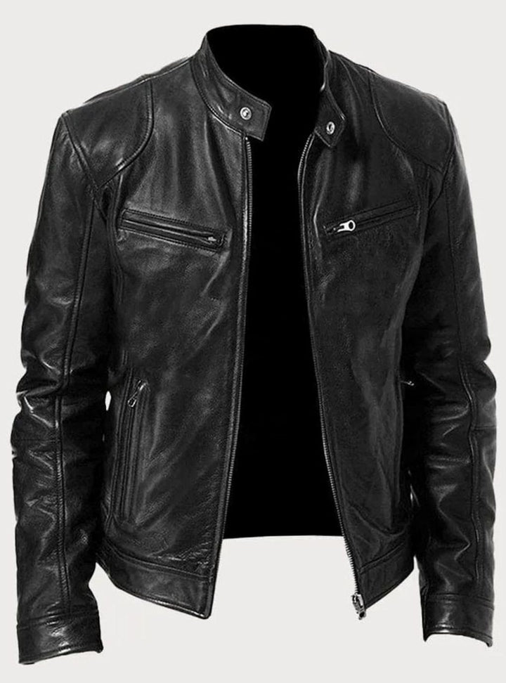 Men's Zip-Up Faux Leather Biker Casual Jacket - Black