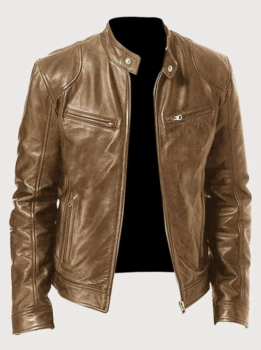 Men's Zip-Up Faux Leather Biker Casual Jacket - Beige