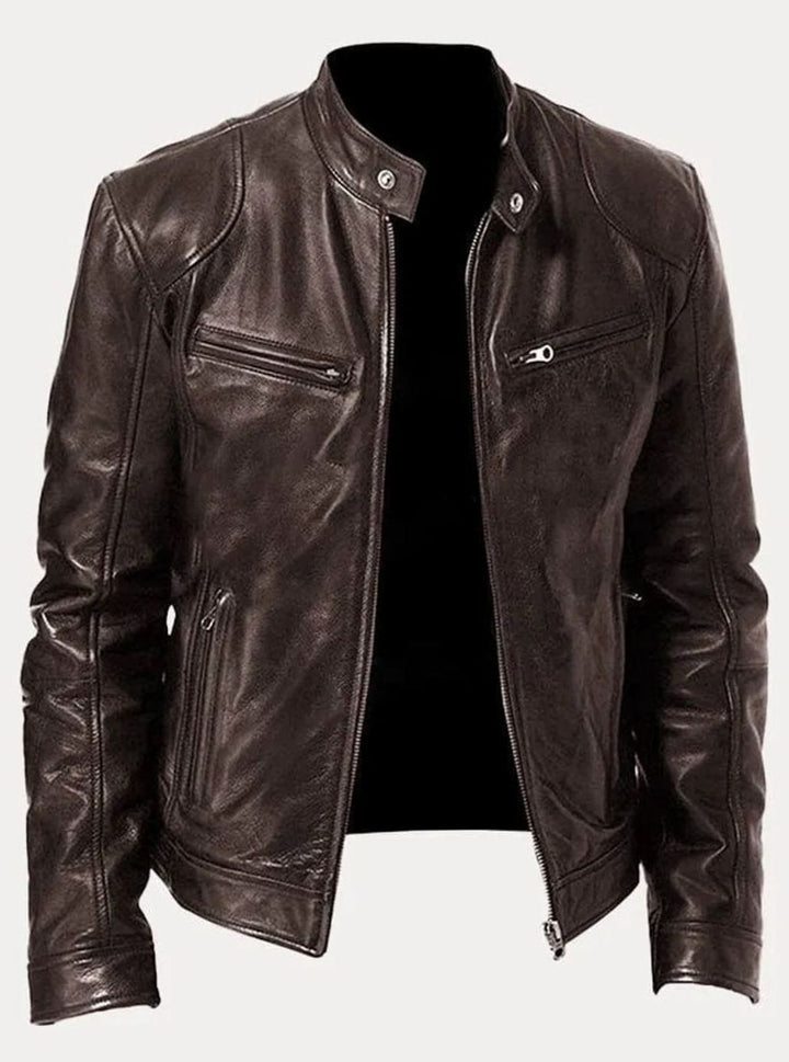 Men's Zip-Up Faux Leather Biker Casual Jacket - Brown