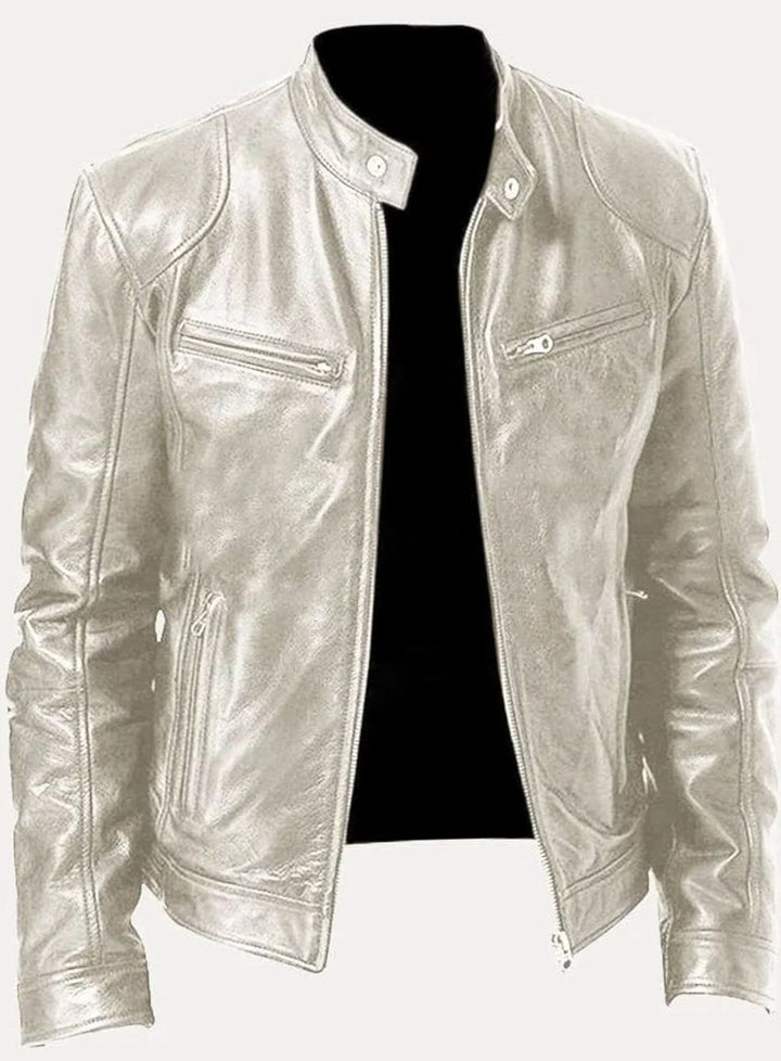 Men's Zip-Up Faux Leather Biker Casual Jacket - Silver