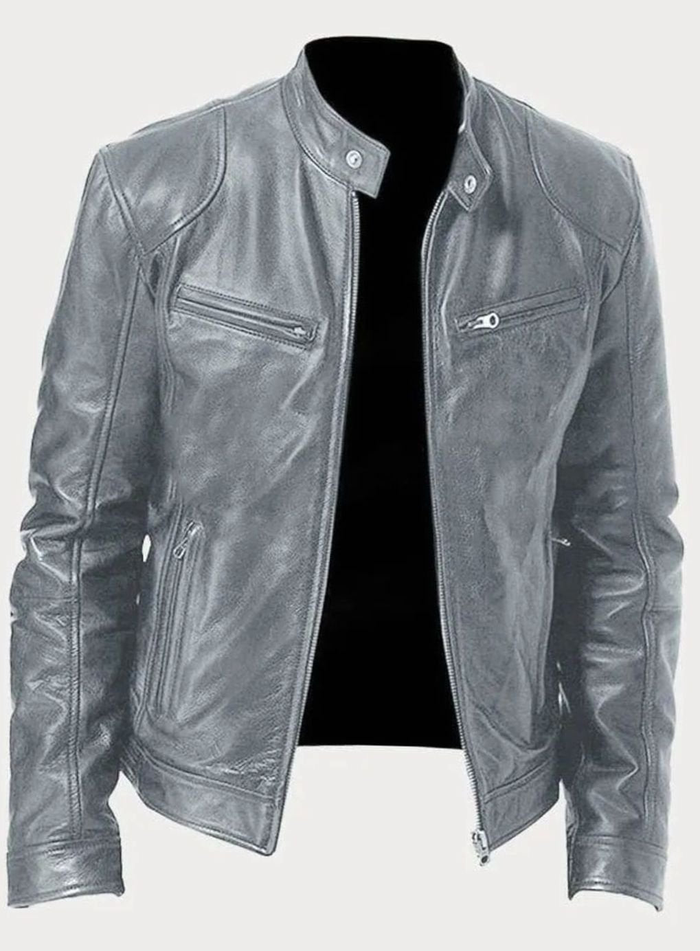 Men's Zip-Up Faux Leather Biker Casual Jacket - Grey