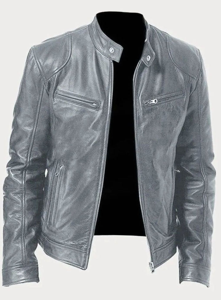 Men's Zip-Up Faux Leather Biker Casual Jacket - Grey