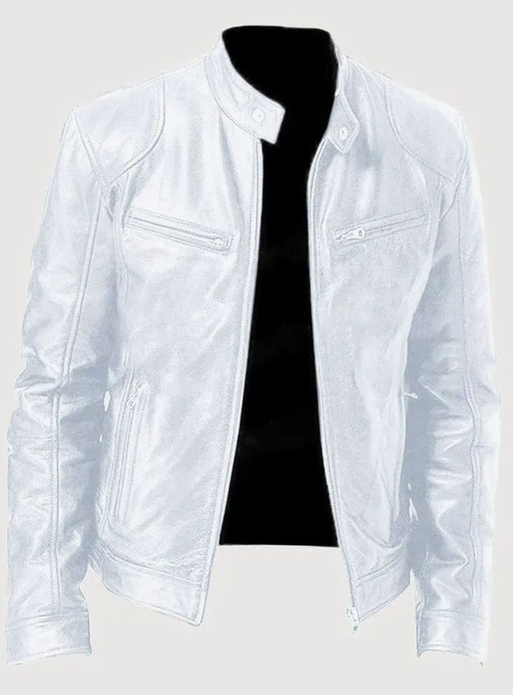 Men's Zip-Up Faux Leather Biker Casual Jacket - White