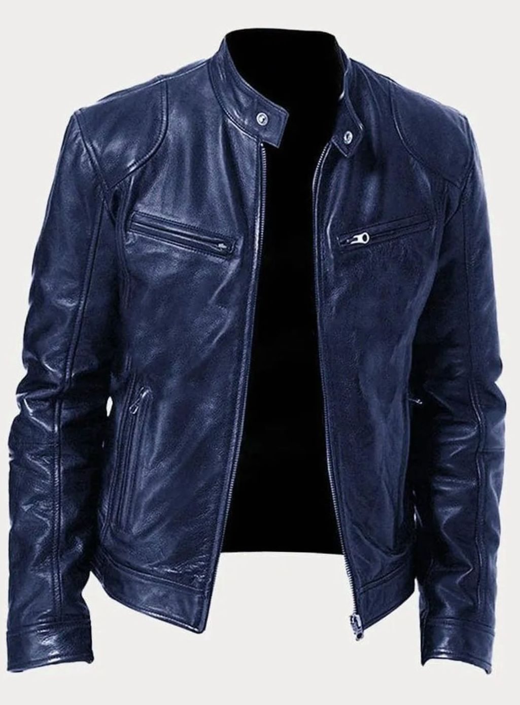 Men's Zip-Up Faux Leather Biker Casual Jacket - Navy