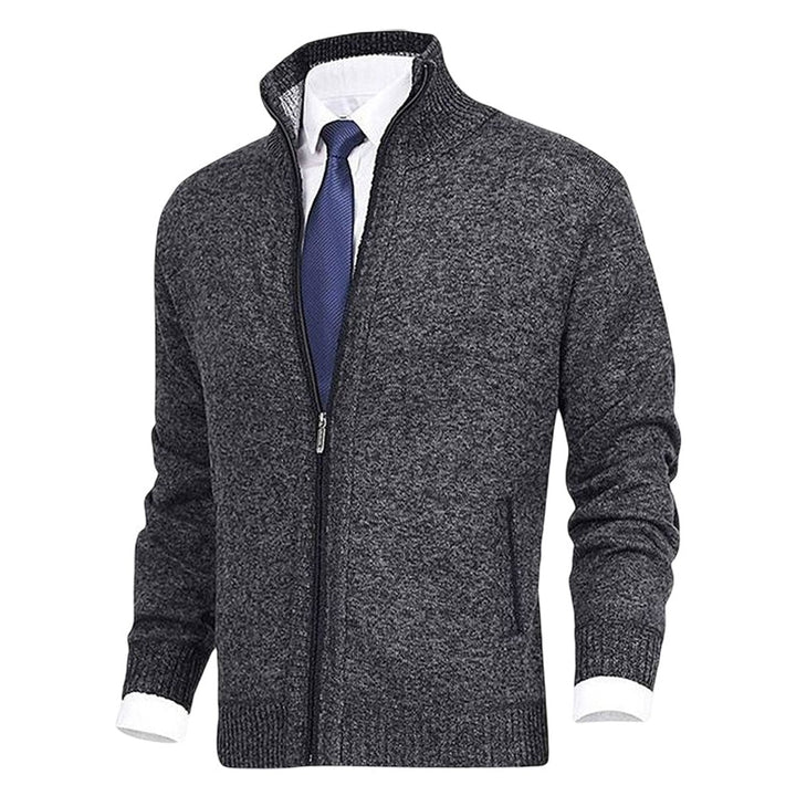 Men's Zip-Up Knit Cardigan Mock Neck Fleece-Lined Jumper