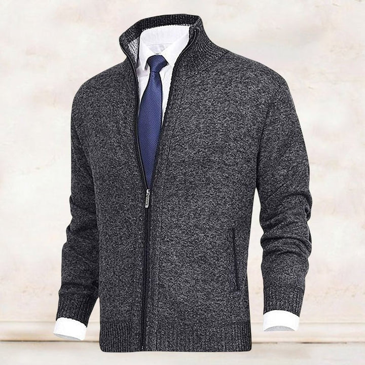 Men's Zip-Up Knit Cardigan Mock Neck Fleece-Lined Jumper