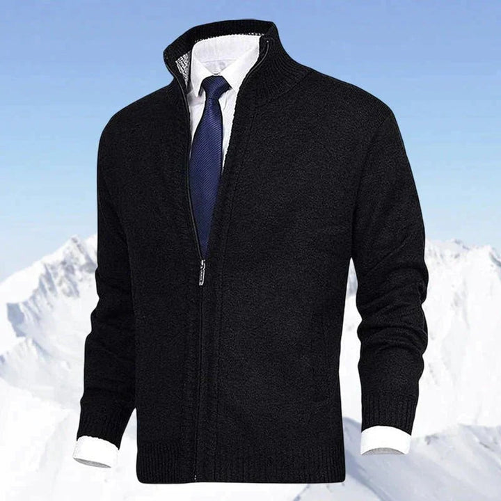 Men's Zip-Up Knit Cardigan Mock Neck Fleece-Lined Jumper - Black