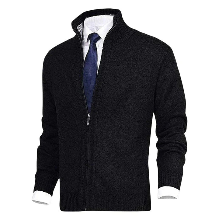 Men's Zip-Up Knit Cardigan Mock Neck Fleece-Lined Jumper