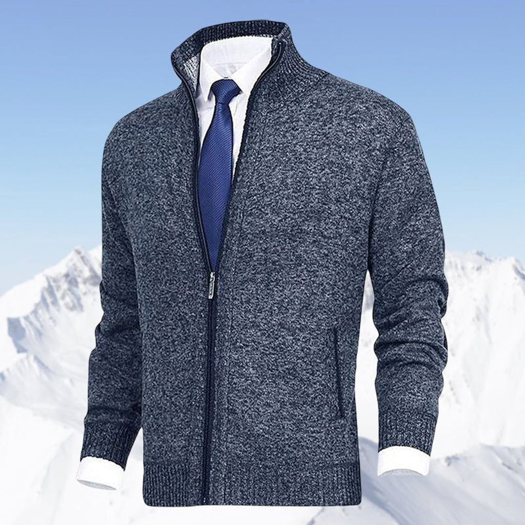 Men's Zip-Up Knit Cardigan Mock Neck Fleece-Lined Jumper - Blue