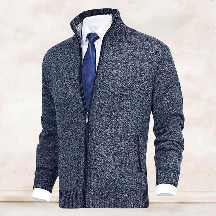 Men's Zip-Up Knit Cardigan Mock Neck Fleece-Lined Jumper