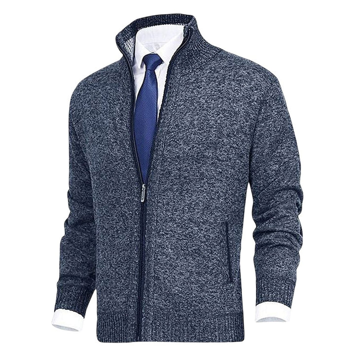 Men's Zip-Up Knit Cardigan Mock Neck Fleece-Lined Jumper