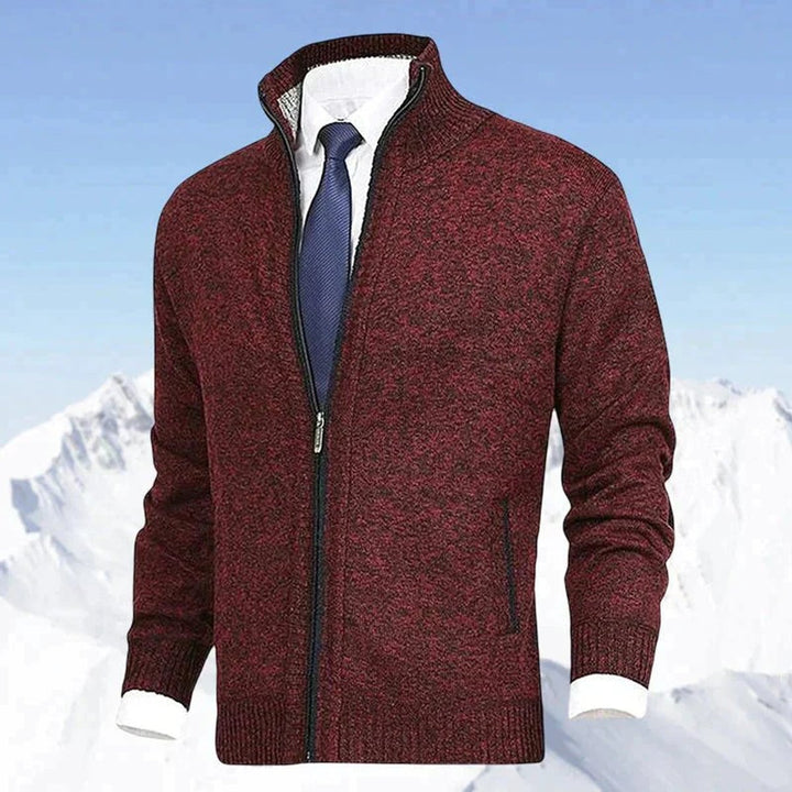 Men's Zip-Up Knit Cardigan Mock Neck Fleece-Lined Jumper - Red