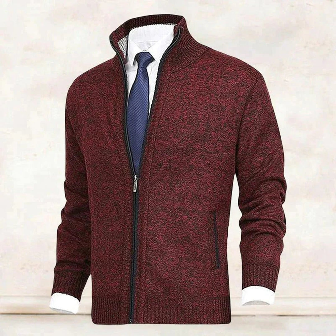 Men's Zip-Up Knit Cardigan Mock Neck Fleece-Lined Jumper