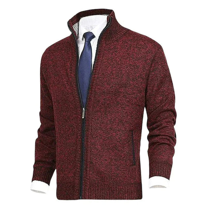 Men's Zip-Up Knit Cardigan Mock Neck Fleece-Lined Jumper