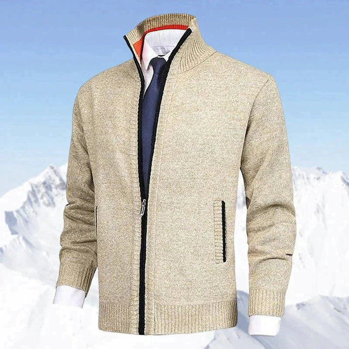 Men's Zip-Up Knit Cardigan Mock Neck Fleece-Lined Jumper - Beige