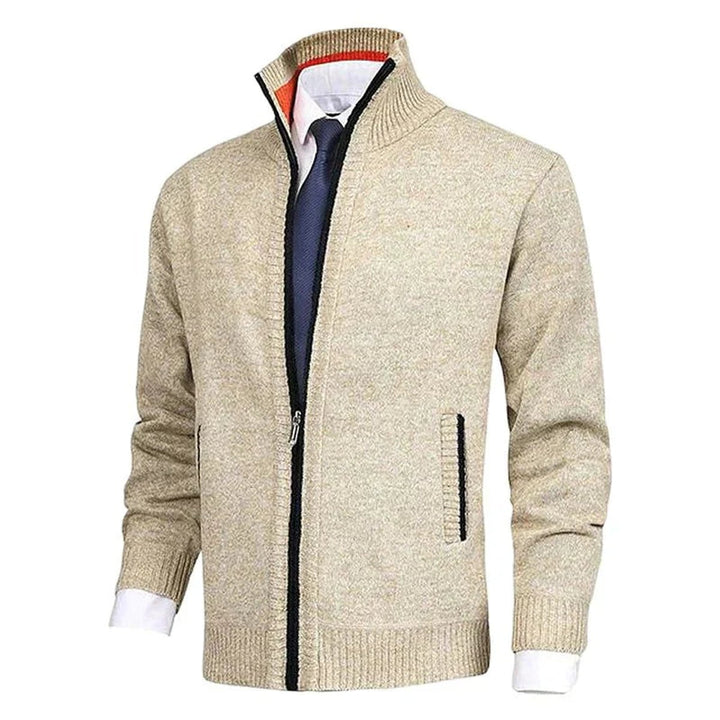 Men's Zip-Up Knit Cardigan Mock Neck Fleece-Lined Jumper