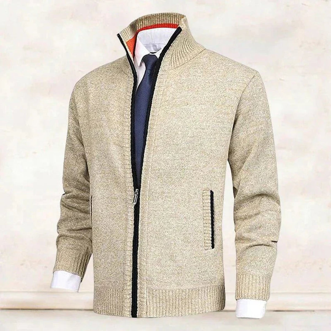 Men's Zip-Up Knit Cardigan Mock Neck Fleece-Lined Jumper