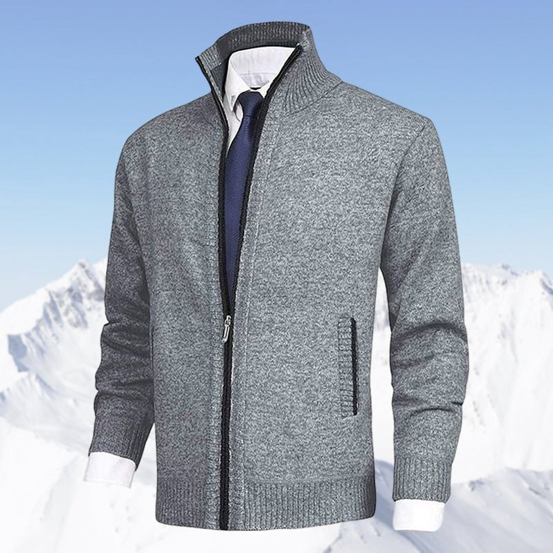 Men's Zip-Up Knit Cardigan Mock Neck Fleece-Lined Jumper - Light Grey