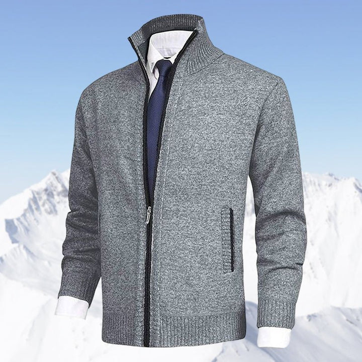 Men's Zip-Up Knit Cardigan Mock Neck Fleece-Lined Jumper - Light Grey