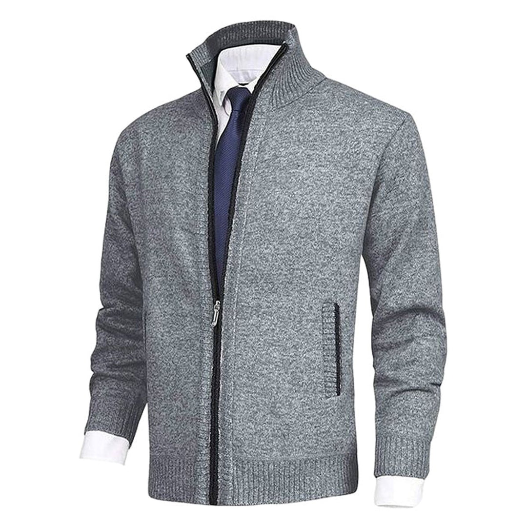 Men's Zip-Up Knit Cardigan Mock Neck Fleece-Lined Jumper
