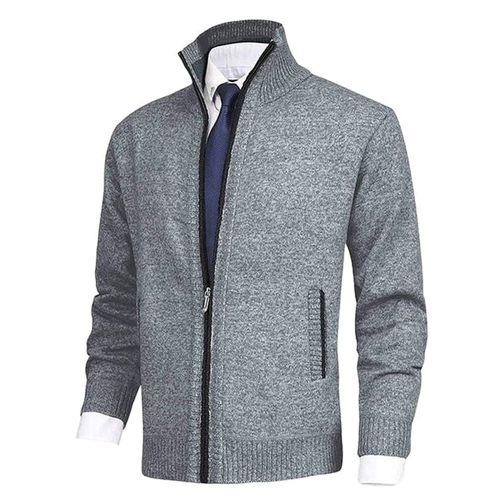 Men's Zip-Up Knit Cardigan Mock Neck Fleece-Lined Jumper