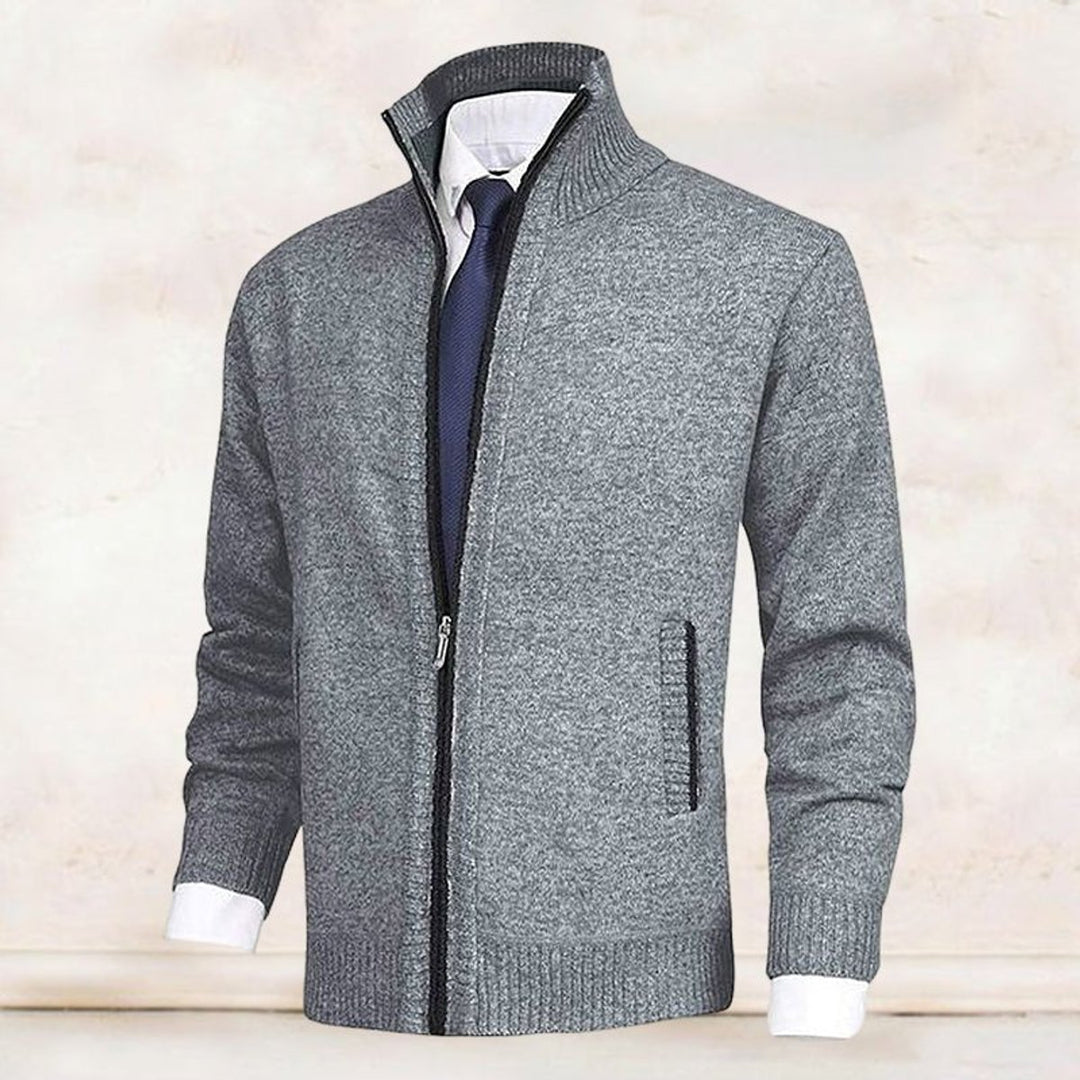Men's Zip-Up Knit Cardigan Mock Neck Fleece-Lined Jumper
