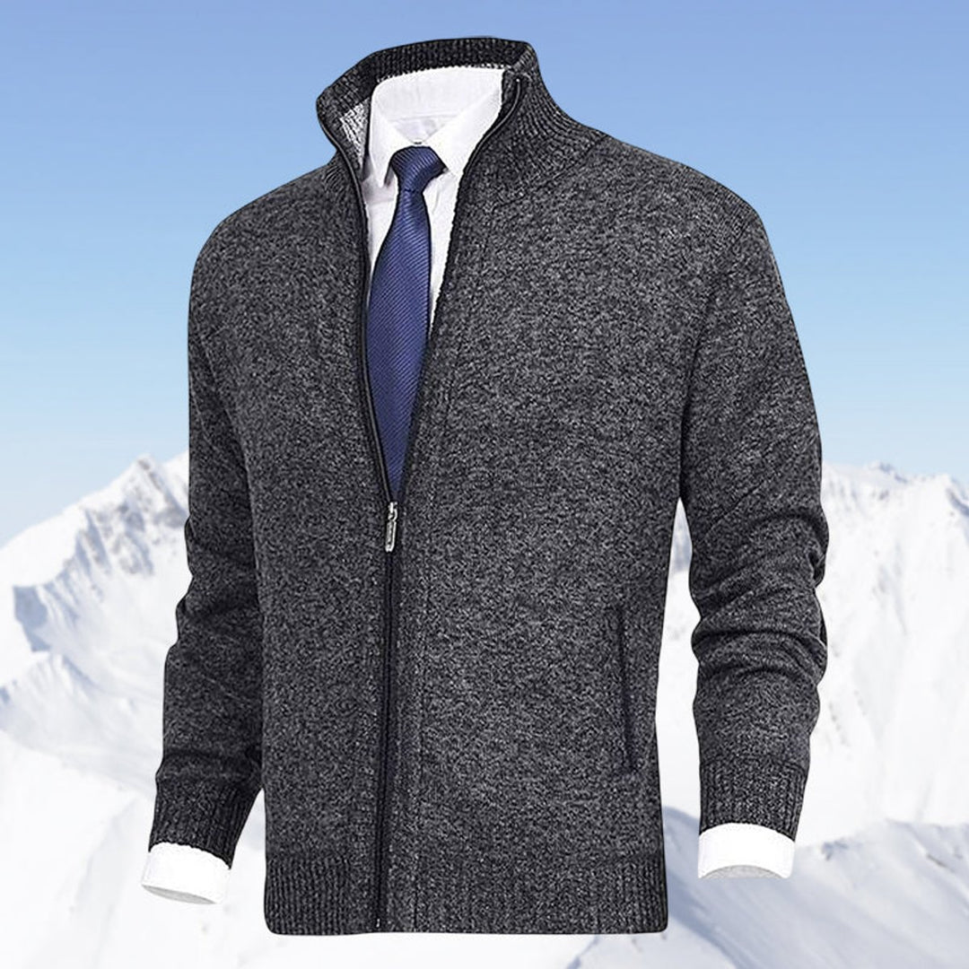 Men's Zip-Up Knit Cardigan Mock Neck Fleece-Lined Jumper - Dark Grey