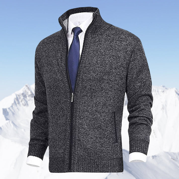 Men's Zip-Up Knit Cardigan Mock Neck Fleece-Lined Jumper - Dark Grey