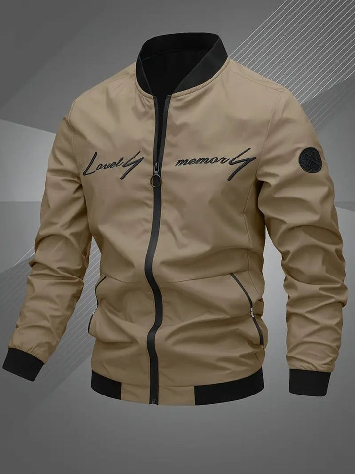 Men's Zip-Up Polyester Bomber Jacket Baseball Collar - Khaki