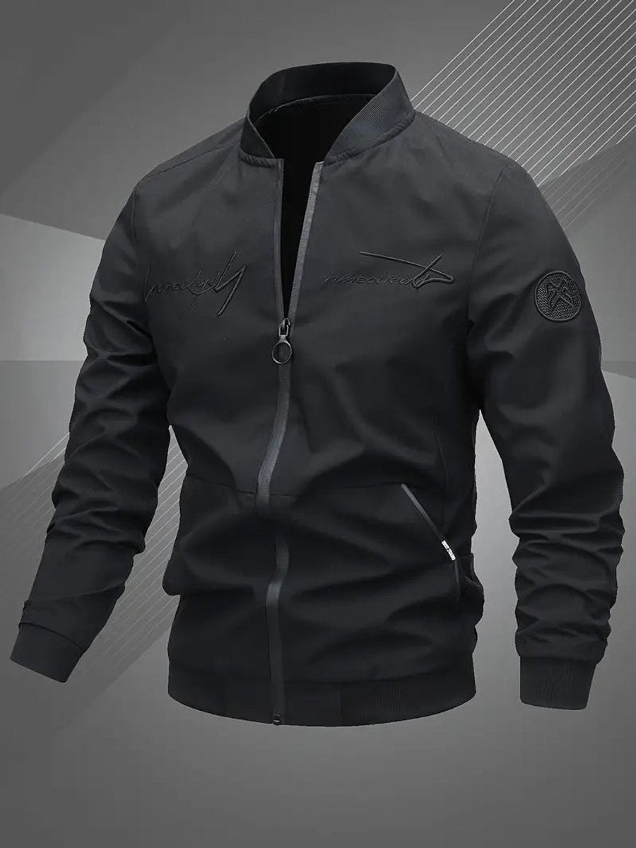Men's Zip-Up Polyester Bomber Jacket Baseball Collar - Black