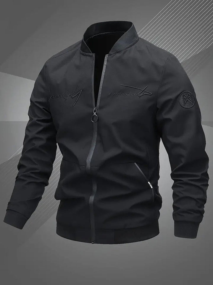 Men's Zip-Up Polyester Bomber Jacket Baseball Collar - Black