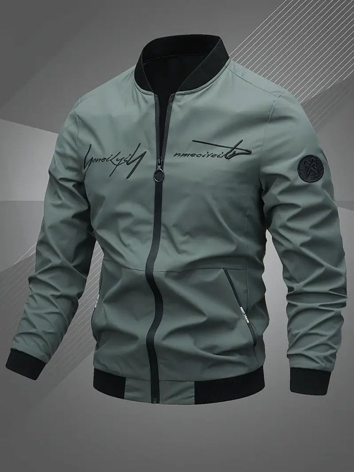 Men's Zip-Up Polyester Bomber Jacket Baseball Collar - Army Green