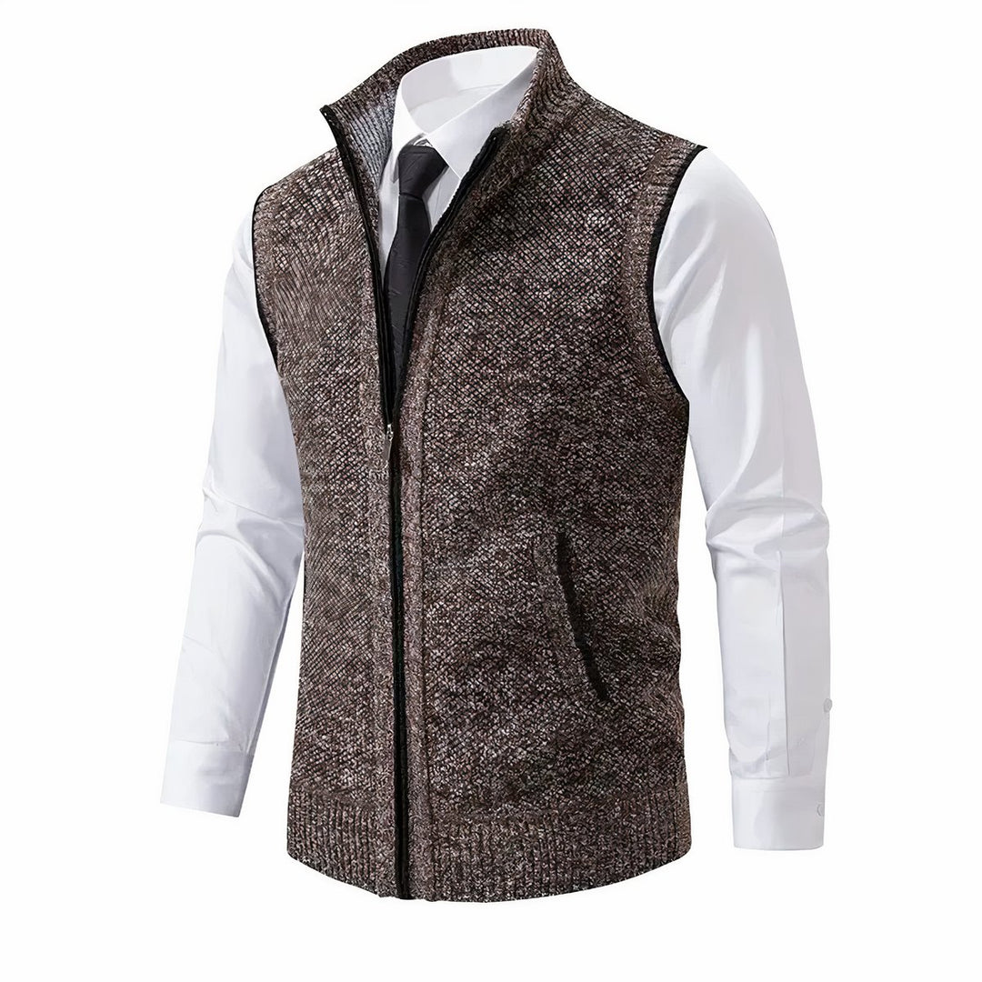 Men's Zip-Up Sleeveless Knit Cardigan Vest - Brown