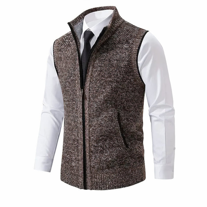 Men's Zip-Up Sleeveless Knit Cardigan Vest - Brown