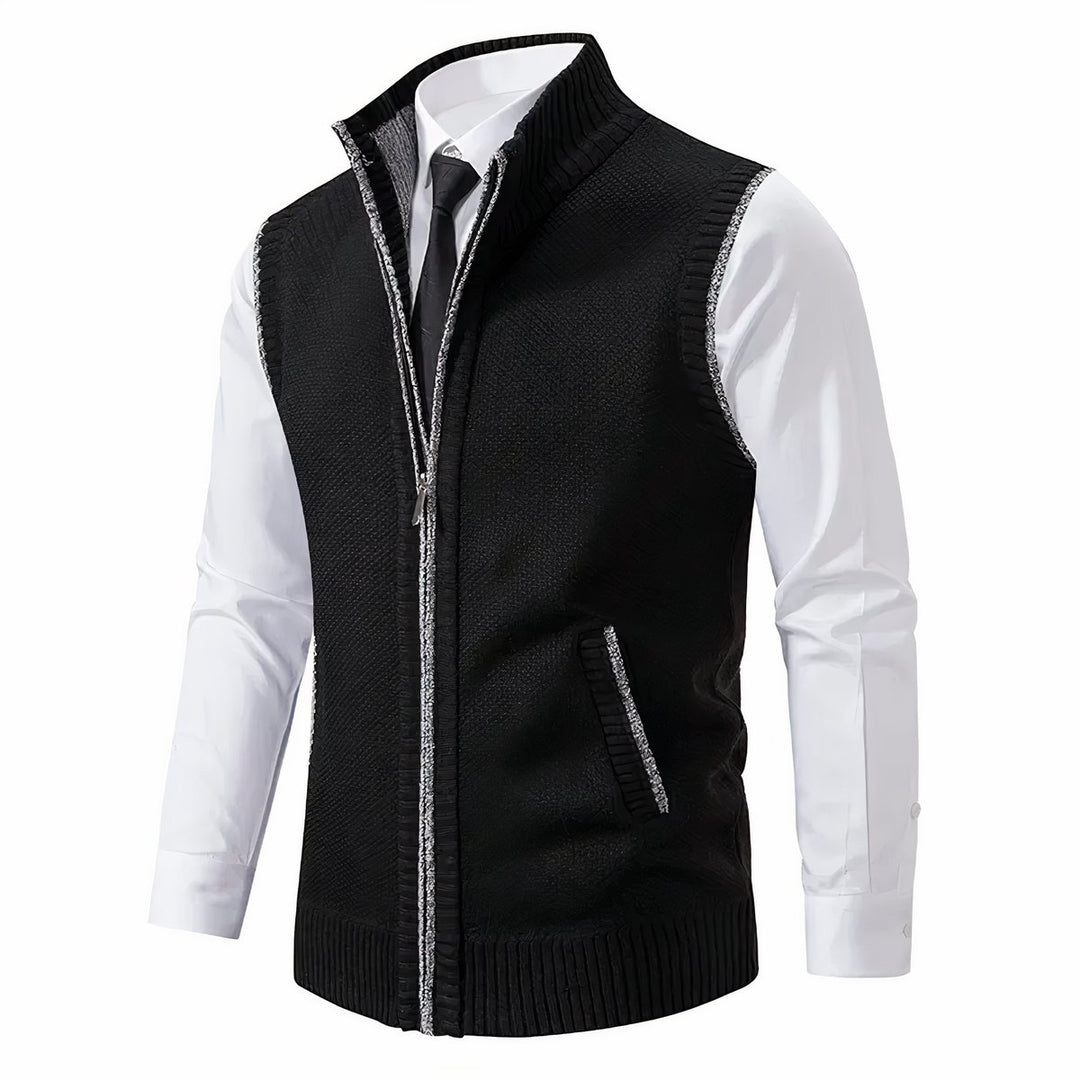 Men's Zip-Up Sleeveless Knit Cardigan Vest - Black